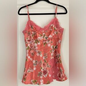 Y2K Self Esteem Coral Floral Satin Cami with Lace Trim Accents